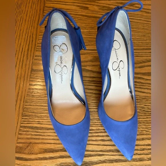 Jessica Simpson Bright Blue/Periwinkle Leather Tassel Bow 4 1/4” Heels Size 8.5 - Picture 6 of 13